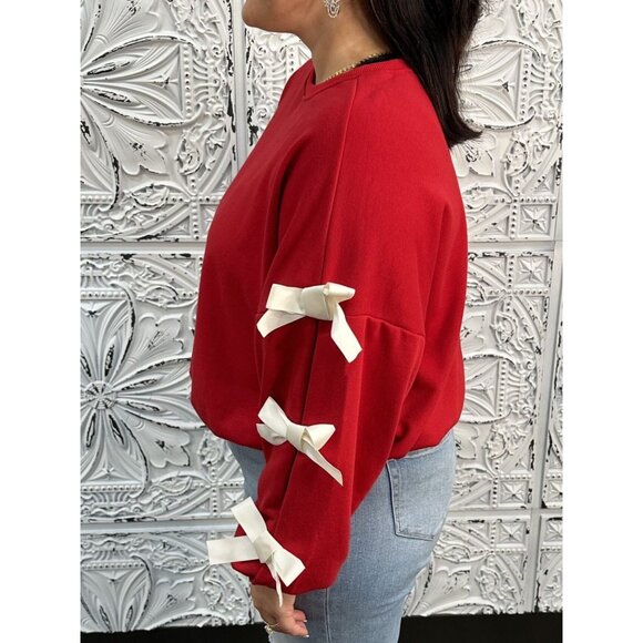 Contrast Bow Round Neck Long Sleeve Sweatshirt - Picture 5 of 5